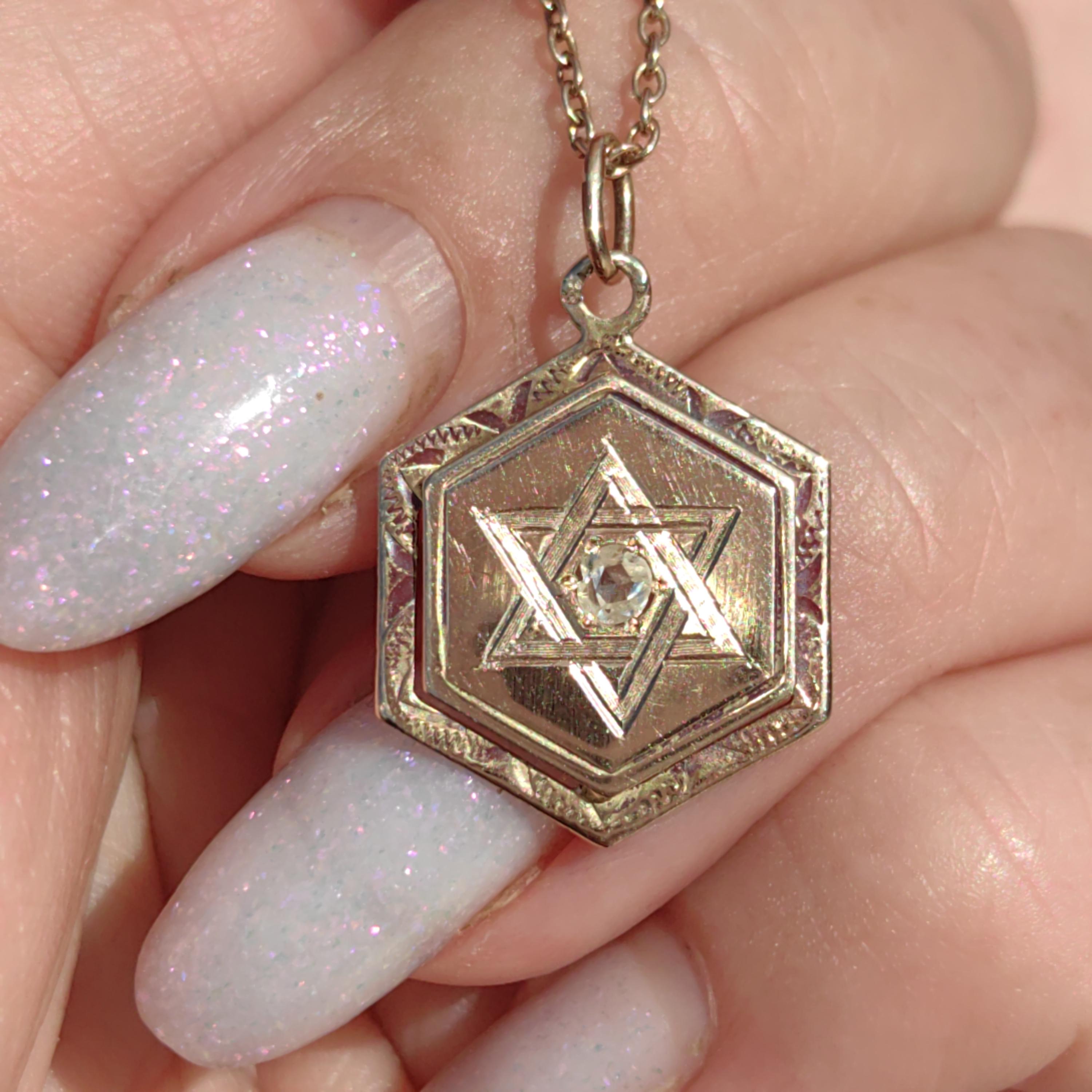 Diamond 14k Solid Yellow Gold Davids Star Jewish Judaica Vintage Antique Elegant Hand Carved Chiseled Pendant Charm Gift for Her