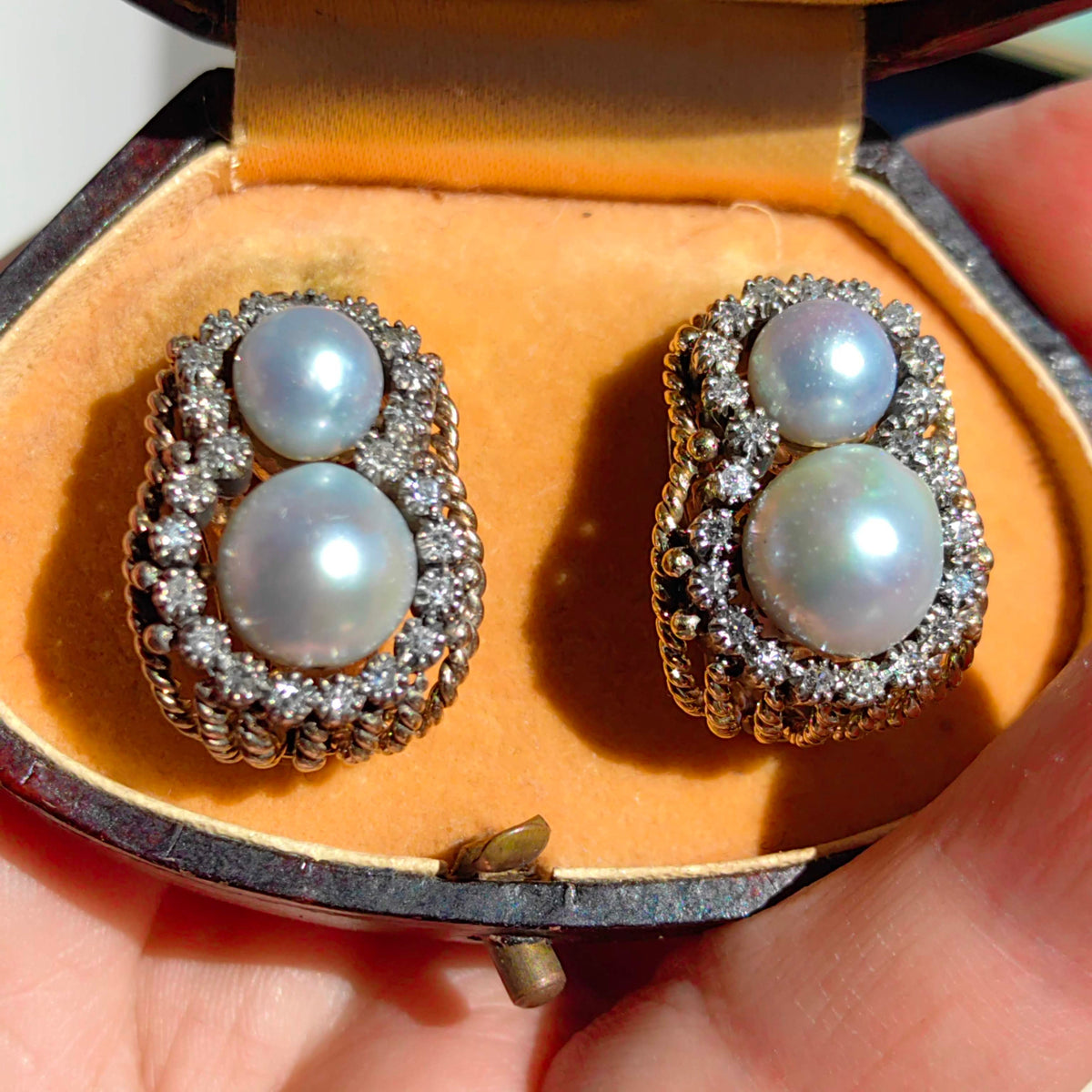 Art Deco 18k Solid Yellow Gold Natural Gray Sea Pearl Diamond Earrings 1930s Vintage Omega Closures Statement Earrings Gift for Her