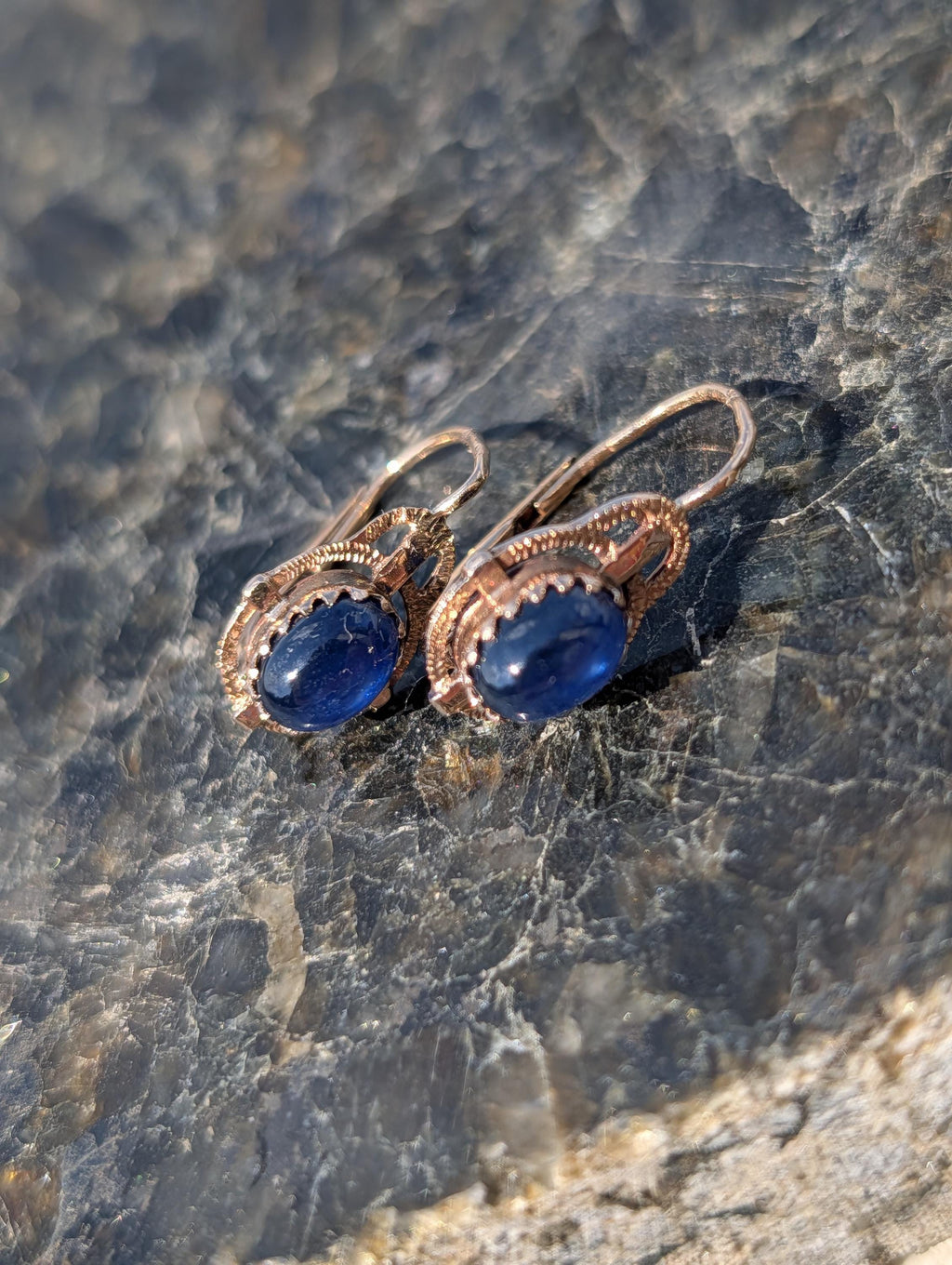 1940s Late Art Deco Natural Sapphire Cabochon 14k Yellow Gold Earrings, Vintage Dangle Lever Back Earrings, Gift for Her Present