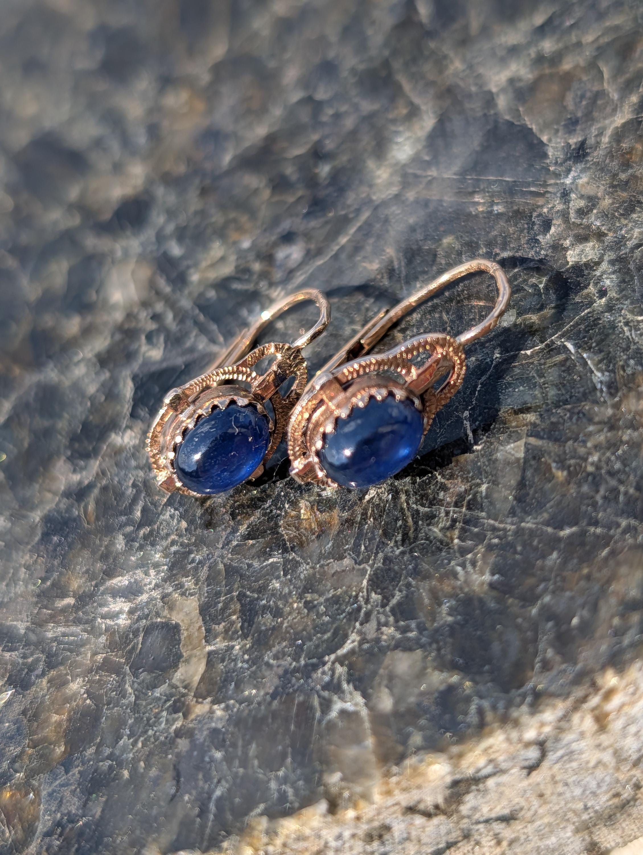 1940s Late Art Deco Natural Sapphire Cabochon 14k Yellow Gold Earrings, Vintage Dangle Lever Back Earrings, Gift for Her Present