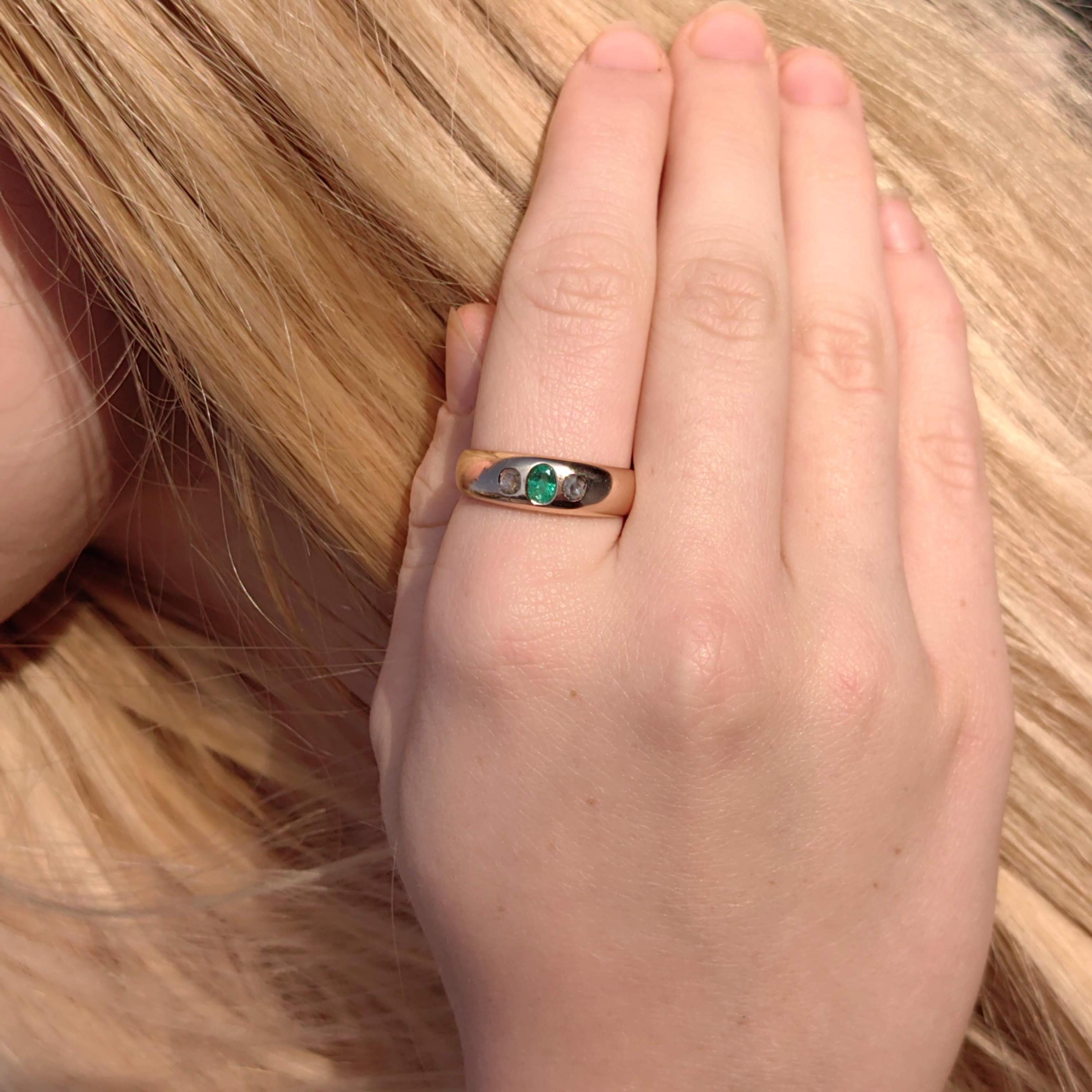 Victorian Emerald & Diamond Ring: 14k Yellow Gold Bezel Setting