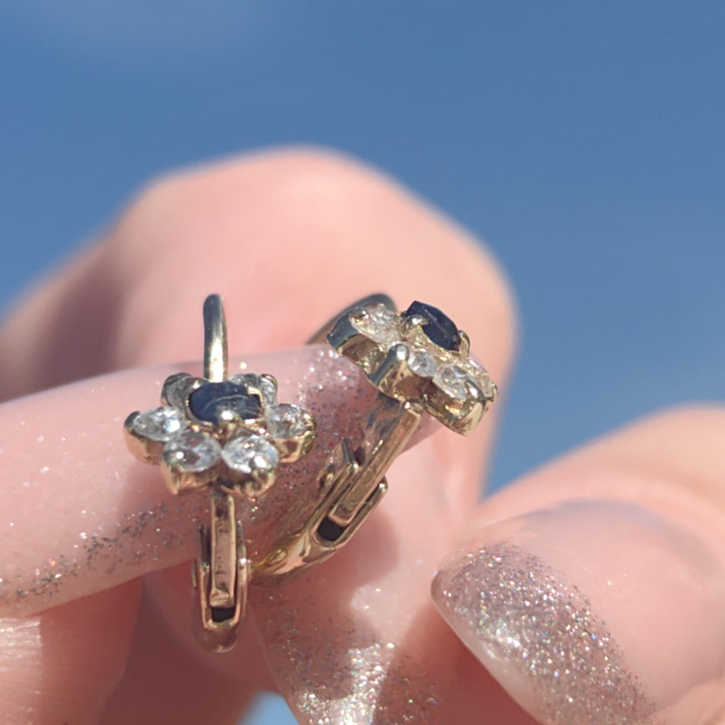 Art Nouveau 14k Champagne Gold Dangle Elegant Floral Dainty 1900s Antique Gift for Her artificial Sapphire Cubic Zirconia Flower Earrings