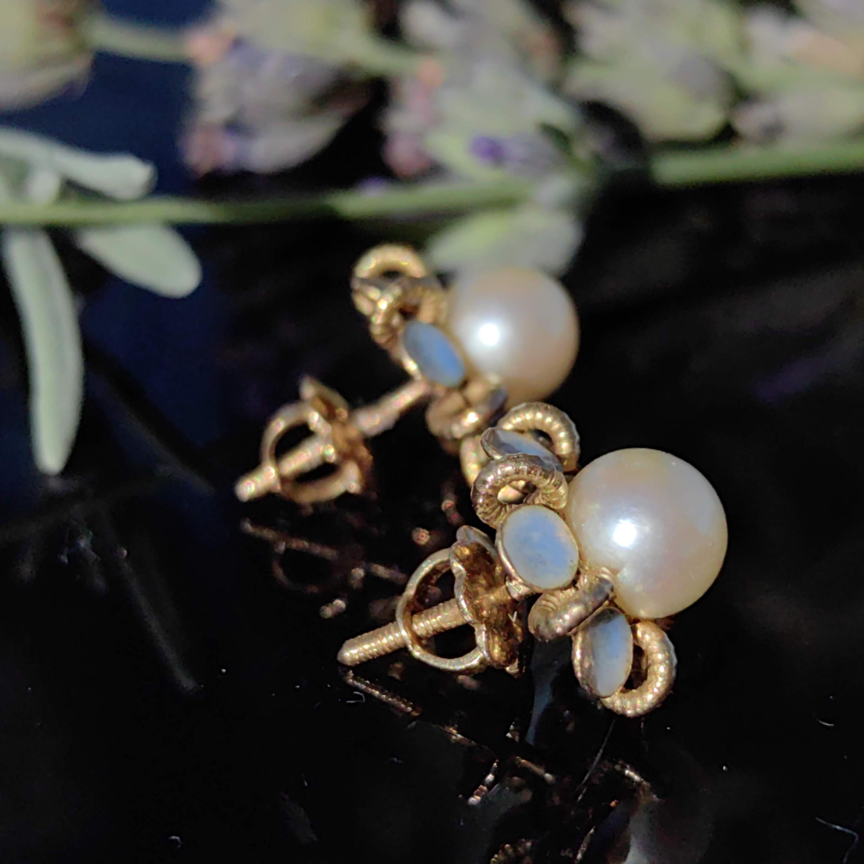 Victorian 18k Gold Pearl Earrings: Enamel Flower Studs