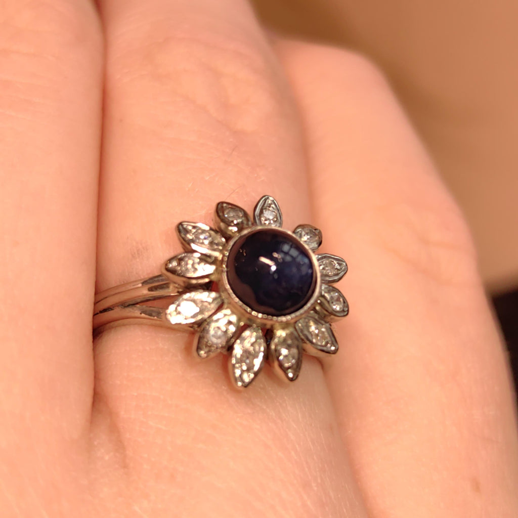 1940s Natural Blue Sapphire Diamond 18k Hallmarked White Gold Mid Century Flower Floral Engagement Antique Elegant Ring Gift for Her