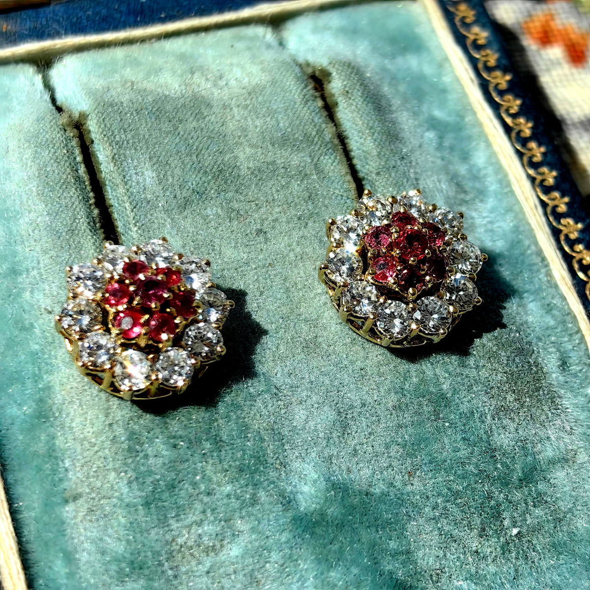 Vintage 18K Gold Floral Earrings: Ruby and Diamond Studs