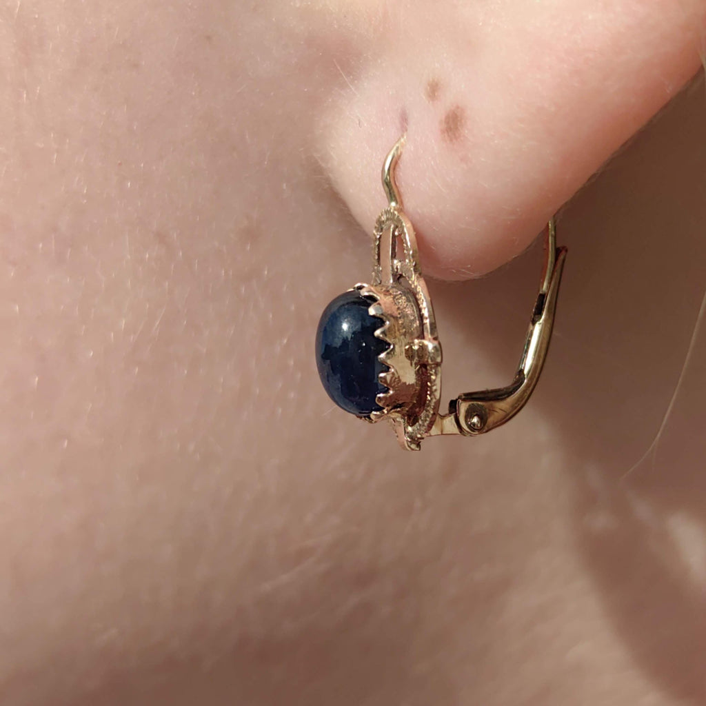 1940s Late Art Deco Natural Sapphire Cabochon 14k Yellow Gold Earrings, Vintage Dangle Lever Back Earrings, Gift for Her Present