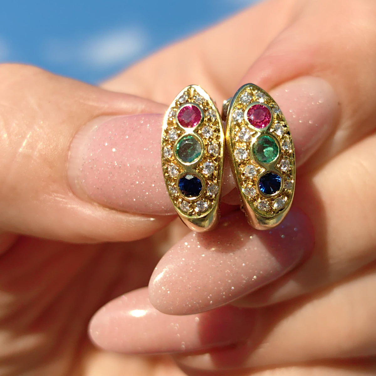 18k Gold Tutti Frutti Gemstone Hoop Earrings: Diamond, Ruby, Sapphire, Emerald