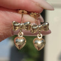 Vintage 14K Solid Yellow Gold Bow Heart Shaped Dainty Earrings Romantic Dangle Studs Push Back Closure Drop Earrings