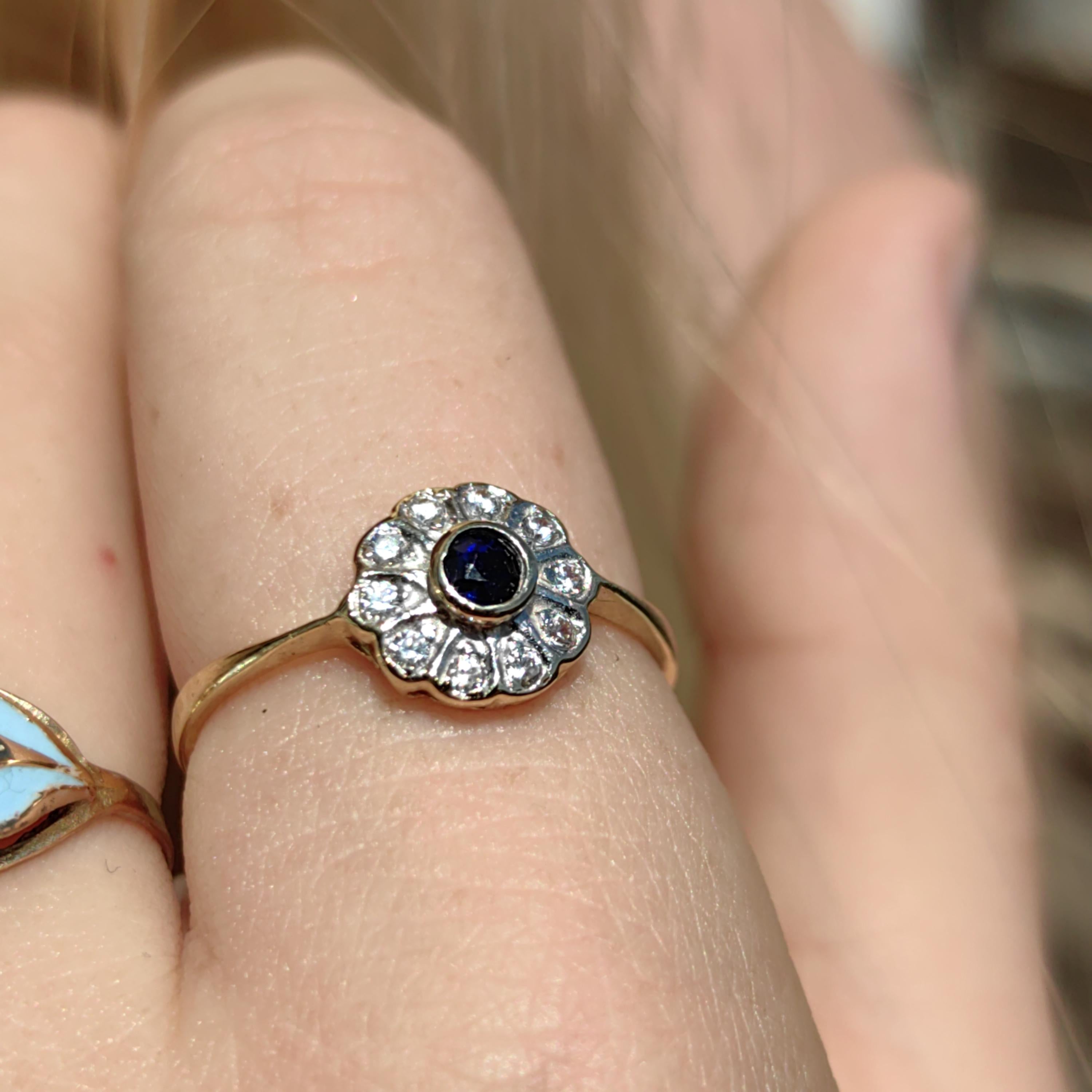 Mid-Century Sapphire Diamond Ring: 14k Gold Floral Engagement Ring, Size 8