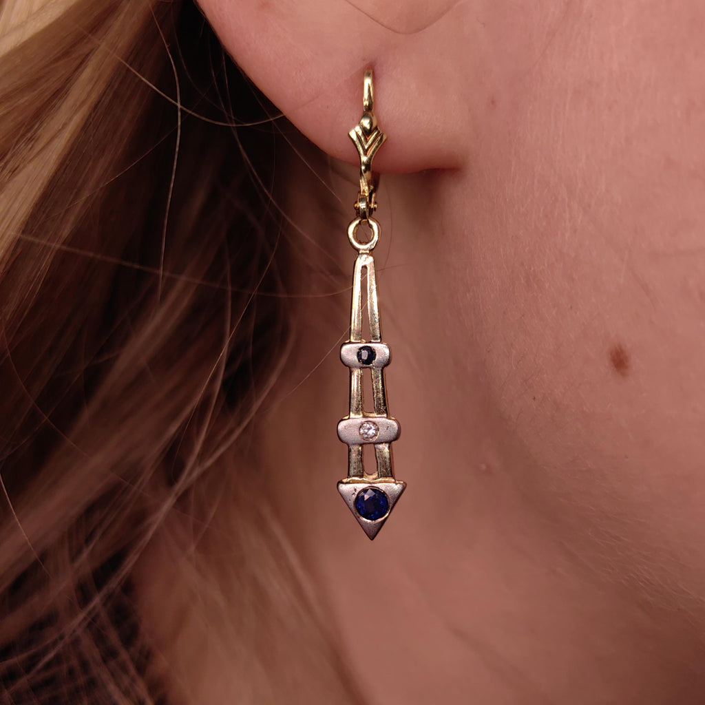 Antique Vintage Sapphire and Diamond 14k Solid Yellow Gold Mid Century Elegant Long Dangle Drop Lever Back Closure Earrings