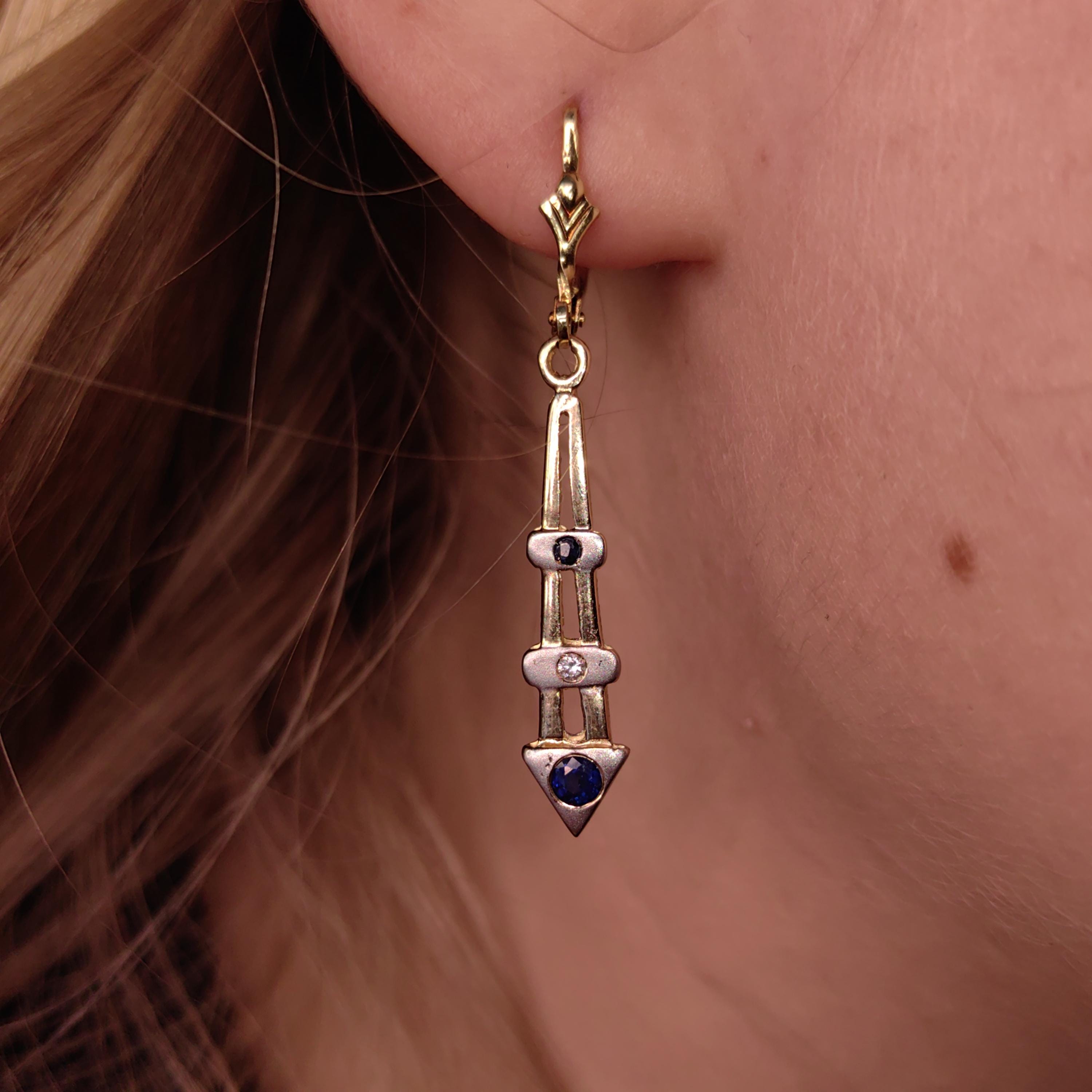 Antique Vintage Sapphire and Diamond 14k Solid Yellow Gold Mid Century Elegant Long Dangle Drop Lever Back Closure Earrings