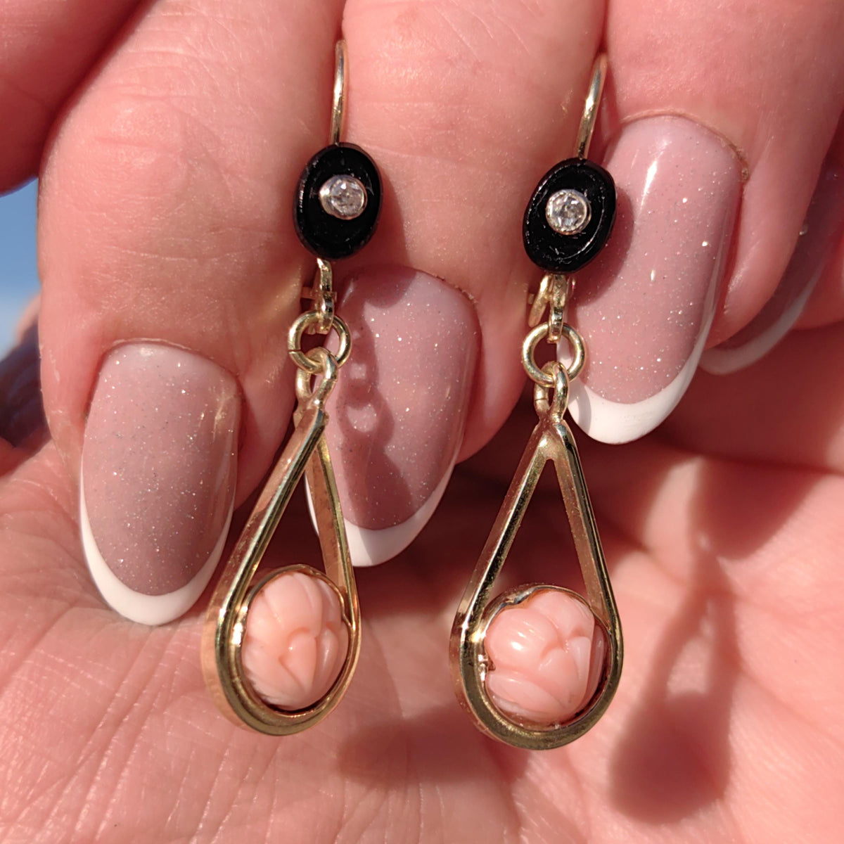 Art Deco Coral Dangle Earrings: Diamond, Onyx, 14k Gold, 1940s Vintage