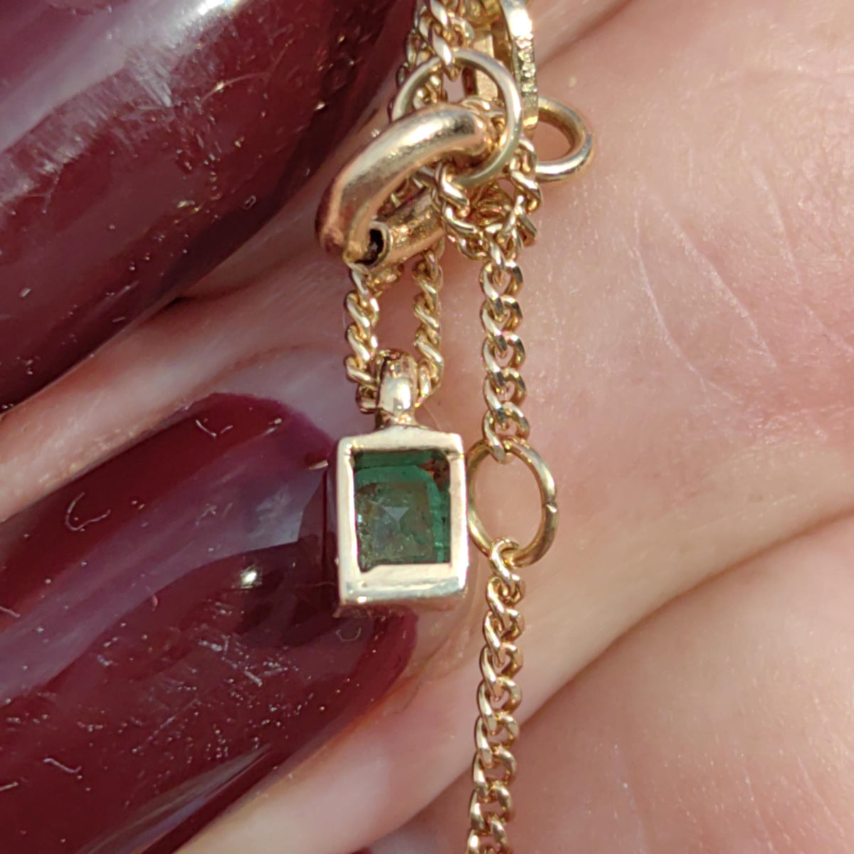 Emerald Gold Baguette Cut Solid Hallmarked Yellow Gold Long Pendant Necklace Antique Vintage 1980s Necklace Gift for her
