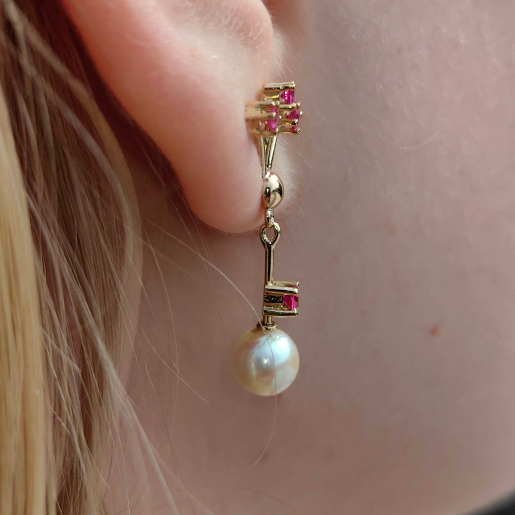 Vintage 18k Solid Yellow Gold Dangle and Drop Statement Earrings Ruby & Pearl Floral Design Gift for Her Present