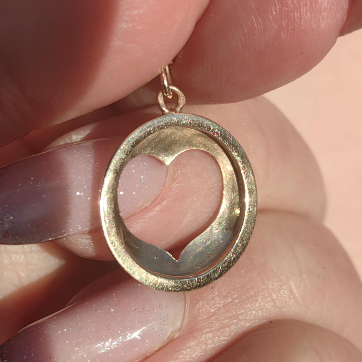 Solid 14k Yellow Gold  Hallmarked Heart Shaped Hole Romantic Love Gift Medal Pendant, curved heart gold frame love present for her Vintage