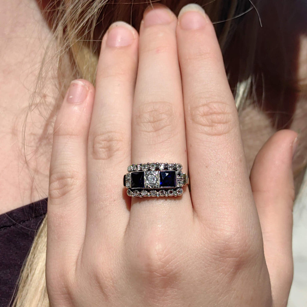 Art Deco 18k Gold Ring: Lab Sapphire & Diamond Chevalier Ring