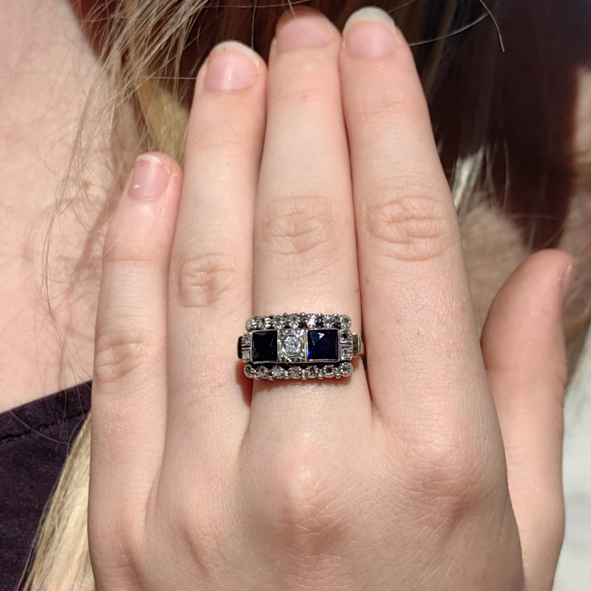 Art Deco 18k Gold Ring: Lab Sapphire & Diamond Chevalier Ring