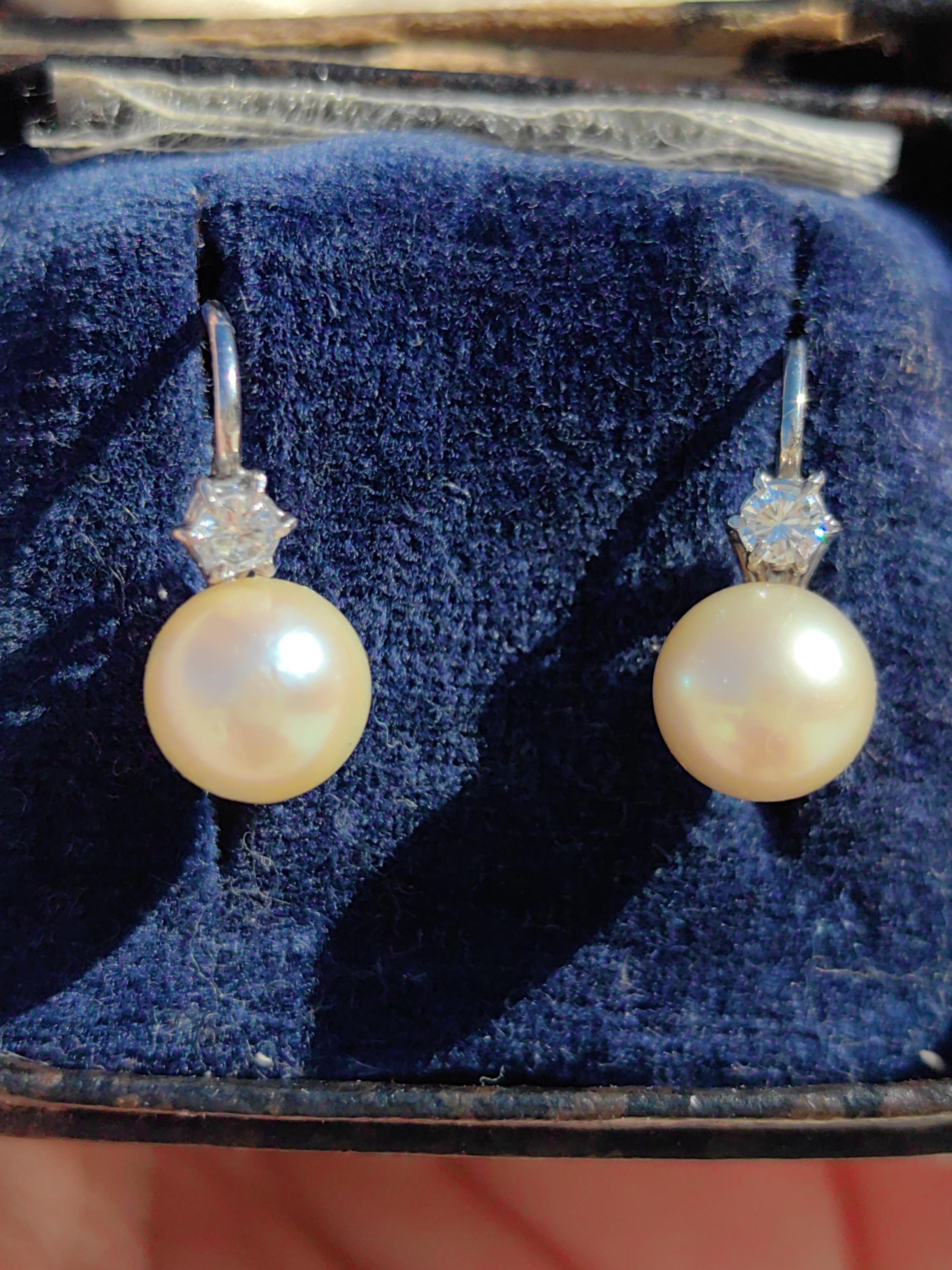 Diamond  Pearl 18k Solid White Gold Mid Century 1950s Antique Vintage Sleepers Lever Back Closure Elegant Earrings Gift for her