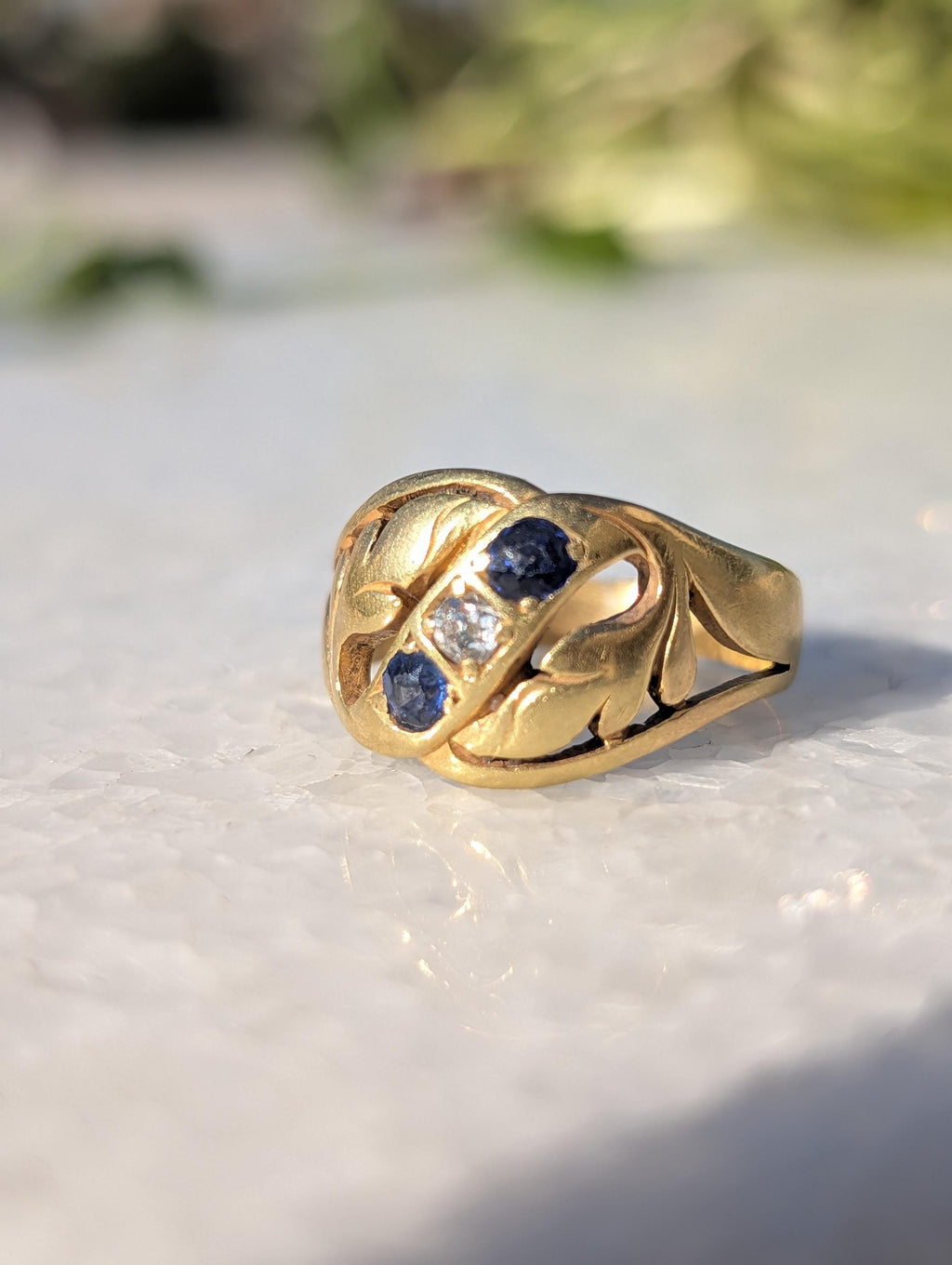 Victorian 1880s Sapphire Diamond Three Stone Ring 19K Gold Laurel Leaf Wide Band Antique US Duty Free HTS 9706