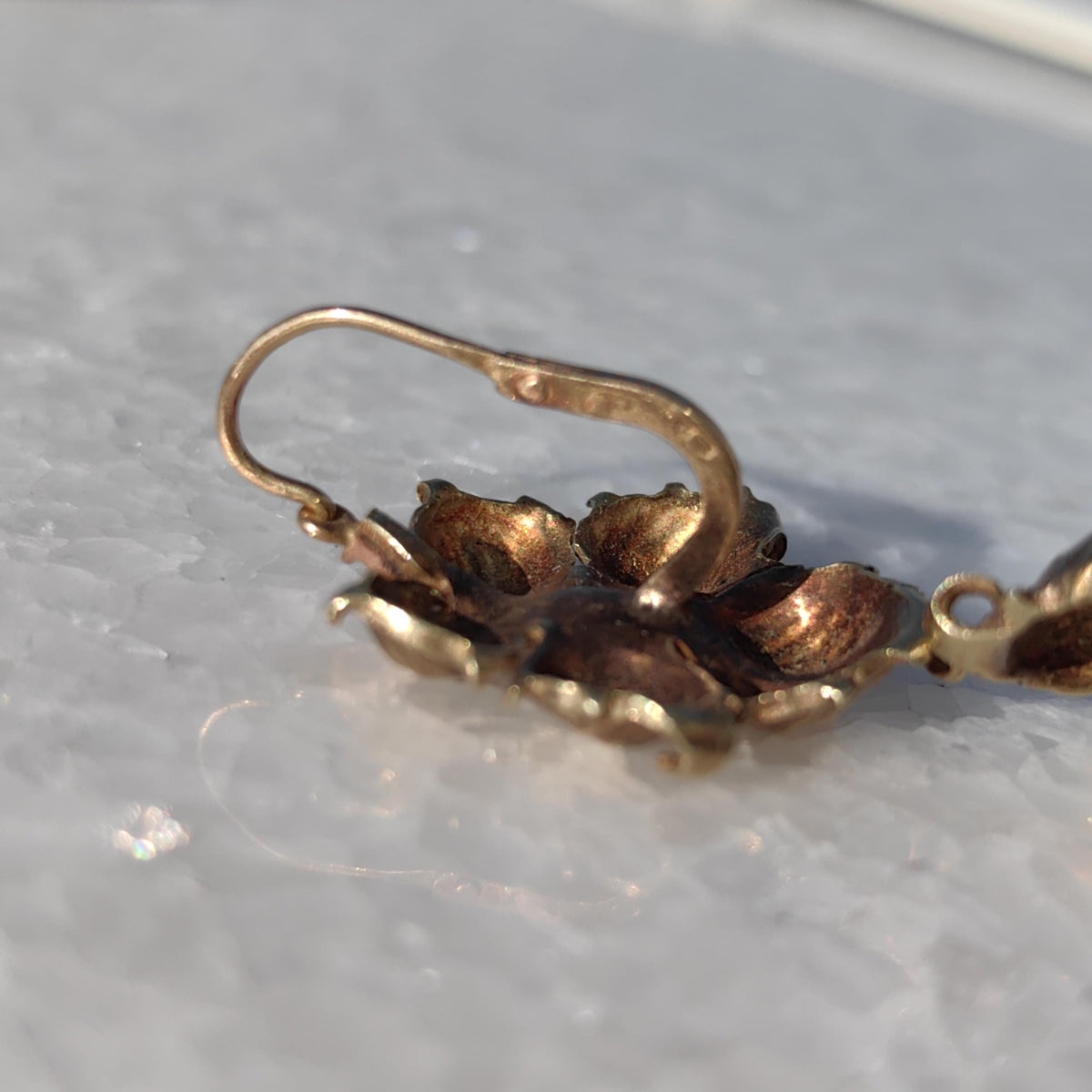 Antique 1870s Floral Leaf Earrings: 14k Yellow-Rose Gold Dormeuses
