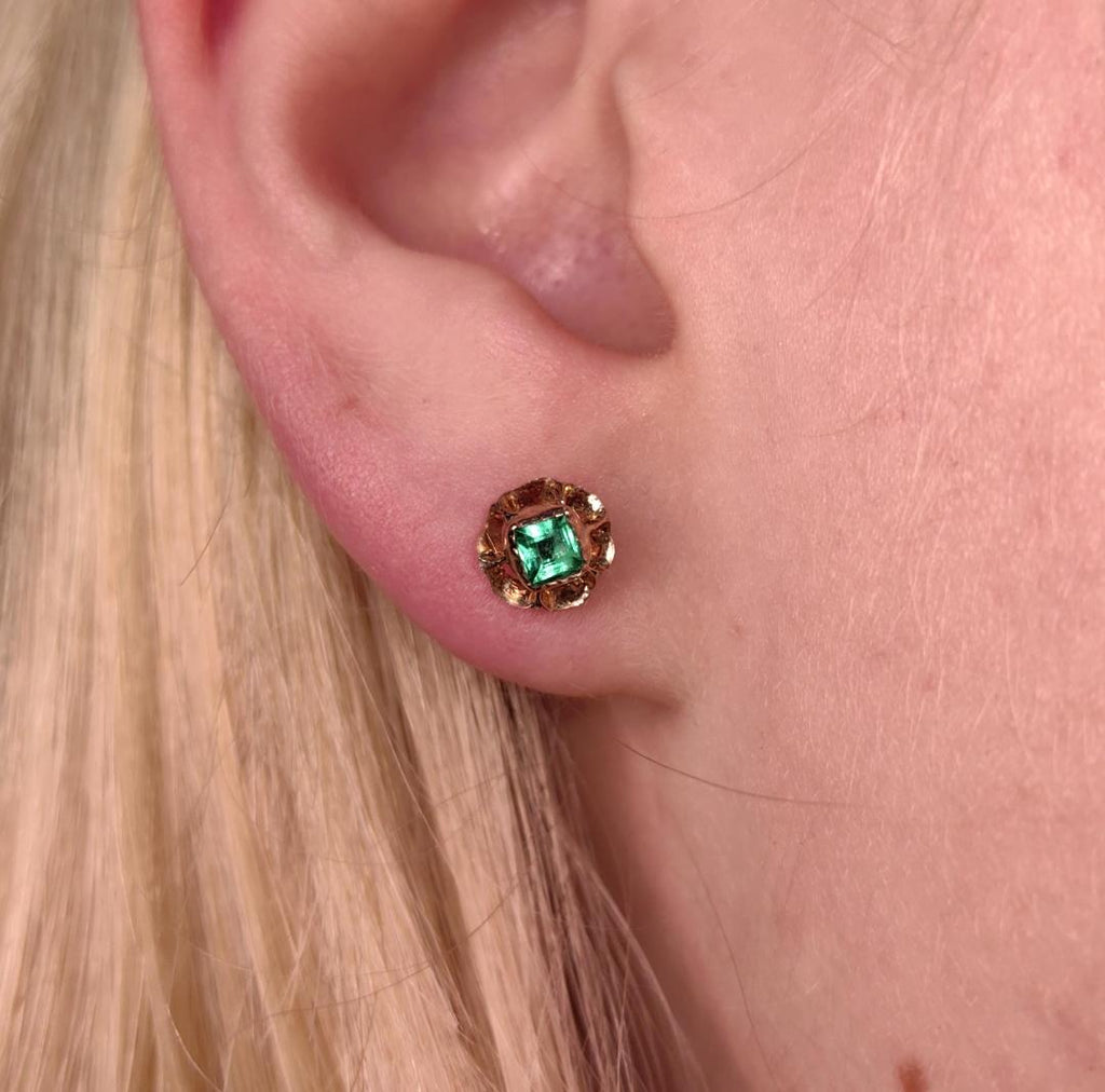 Victorian 1880s Earrings Solid 14k Yellow Gold Green Paste Floral Screw Back Closure  Antique Vintage Earrings Emerald imitation gift her