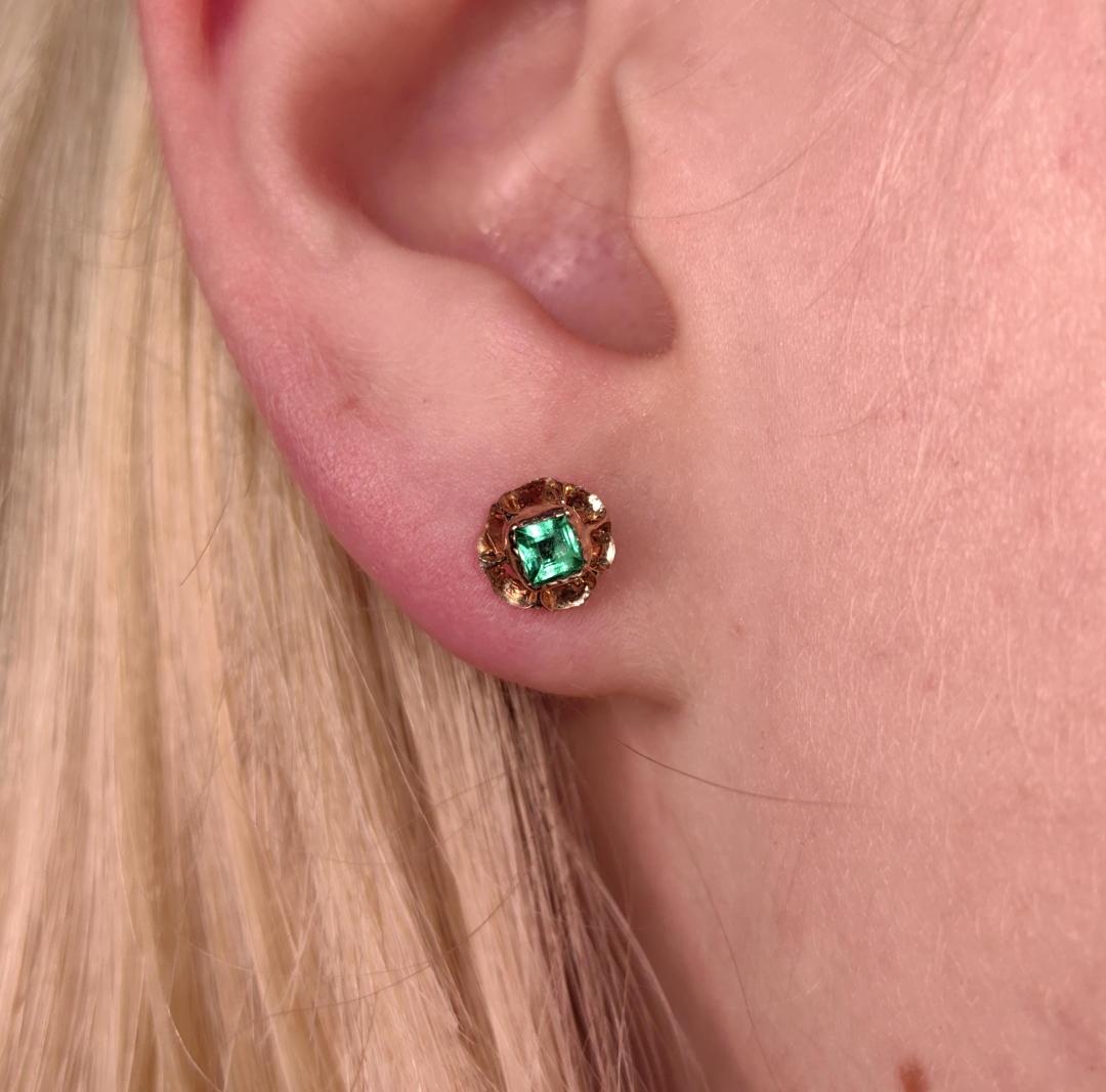 Victorian 1880s Earrings Solid 14k Yellow Gold Green Paste Floral Screw Back Closure  Antique Vintage Earrings Emerald imitation gift her