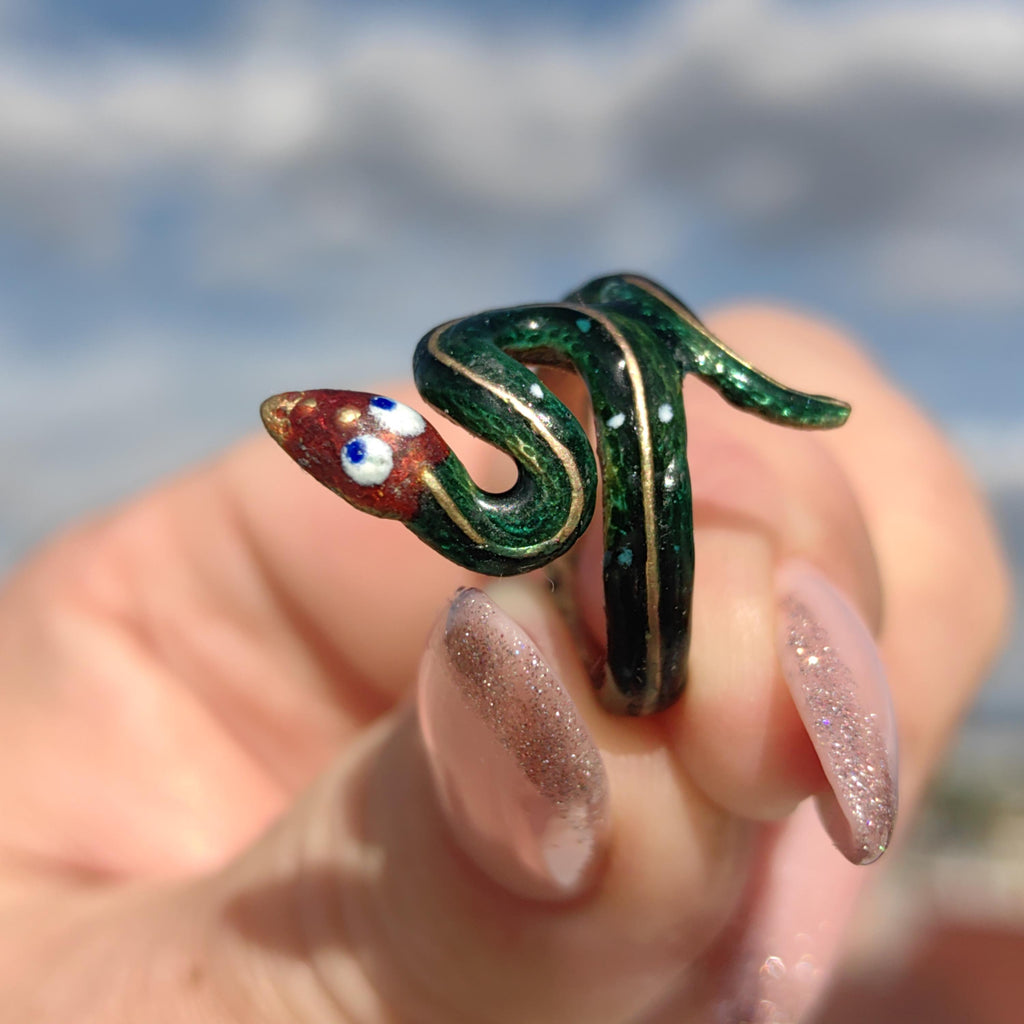Solid 14k Yellow Gold Green Fire Enamel Snake Shape Gold Band Ring Gift for Her Animal Exotic Reptile Retro Vintage Ring