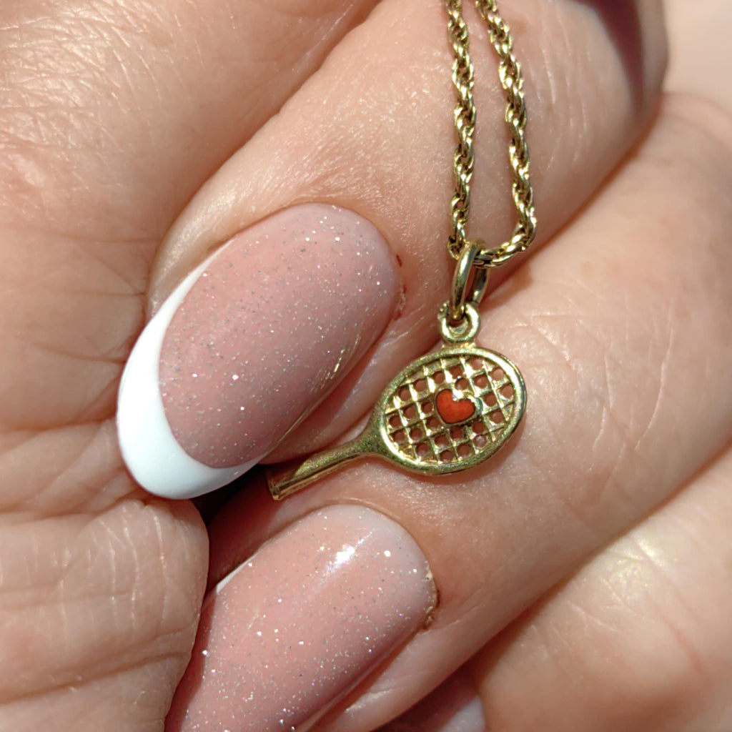 Vintage 14k Solid Yellow Gold Tennis Racket Sports Lover Necklace Pendant Red Heart Hand Painted Fire Enamel Charm Gift for Tennis Player