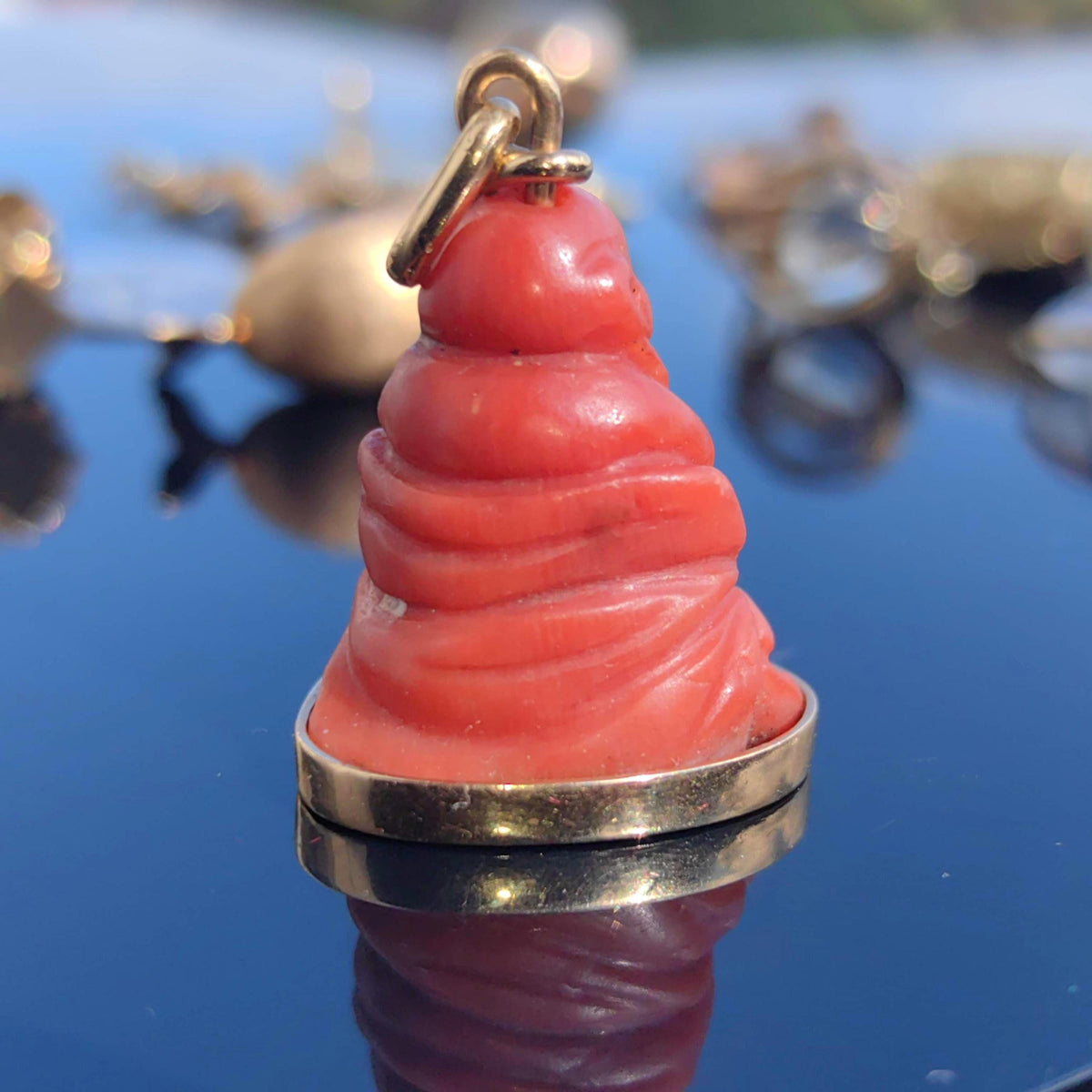 Vintage Coral Buddha Pendant: Antique Chinese 18k Gold Carving