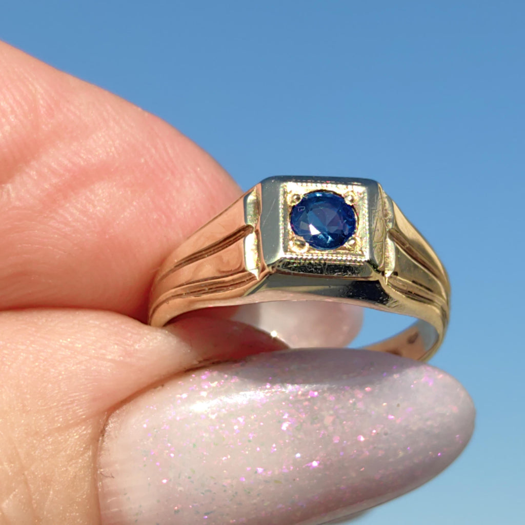 Art Deco Sapphire Ring: 14K Yellow Gold Geometric Engagement Ring