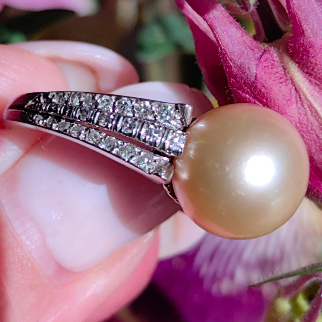 Vintage 1940s Platinum Ring: Natural Pearl & Diamond Accent