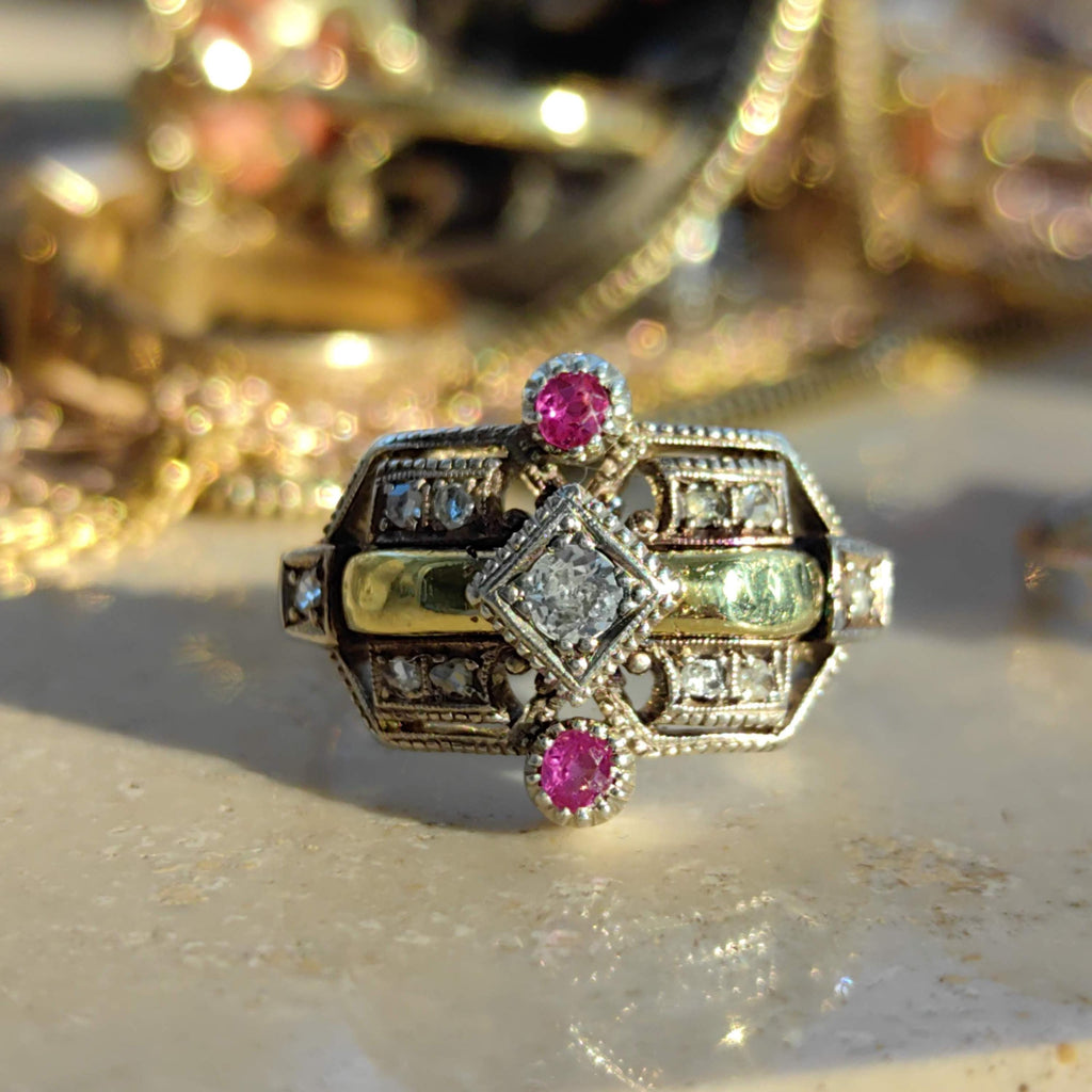 Art Deco Ruby Diamond Ring: 18k Yellow Gold Geometric Statement