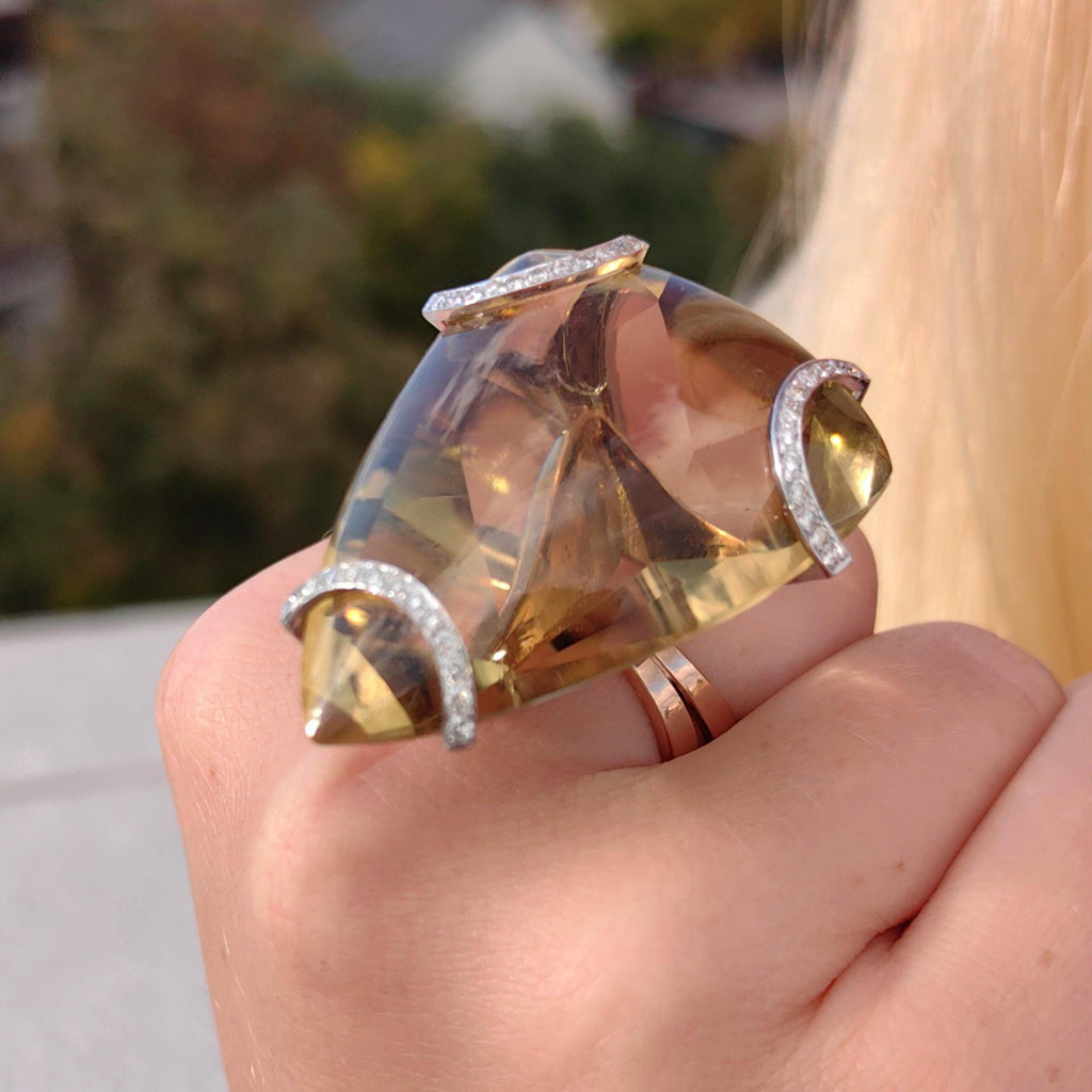 Large Smokey Quartz Statement Ring 14K Gold Vintage Bold Cocktail Ring Yellow Rose Gold Massive Gemstone Ring Gift for Her