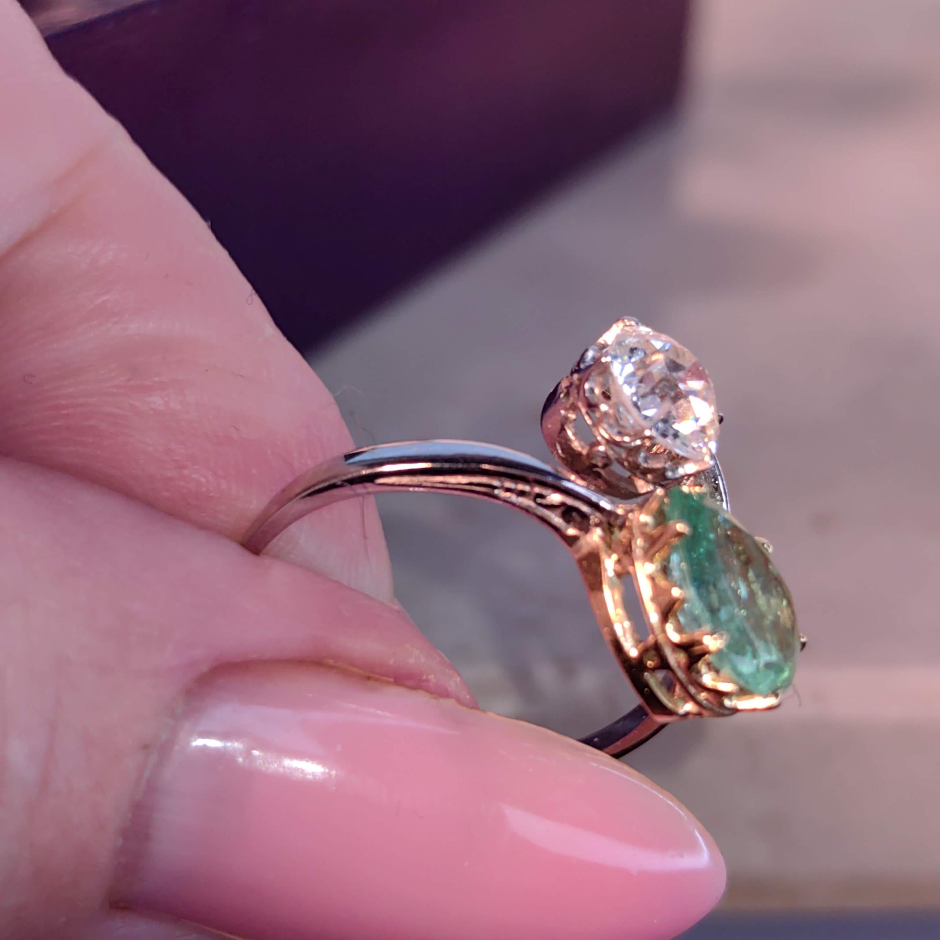 Edwardian Colombian Emerald Diamond Ring: 18k White Gold Antique Engagement Band