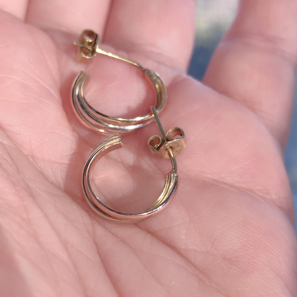 14k Hallmarked Solid Rose Yellow and White Gold Trinity model Elegant Three tone Gold Minimalist Design Push back Earrings gift for her