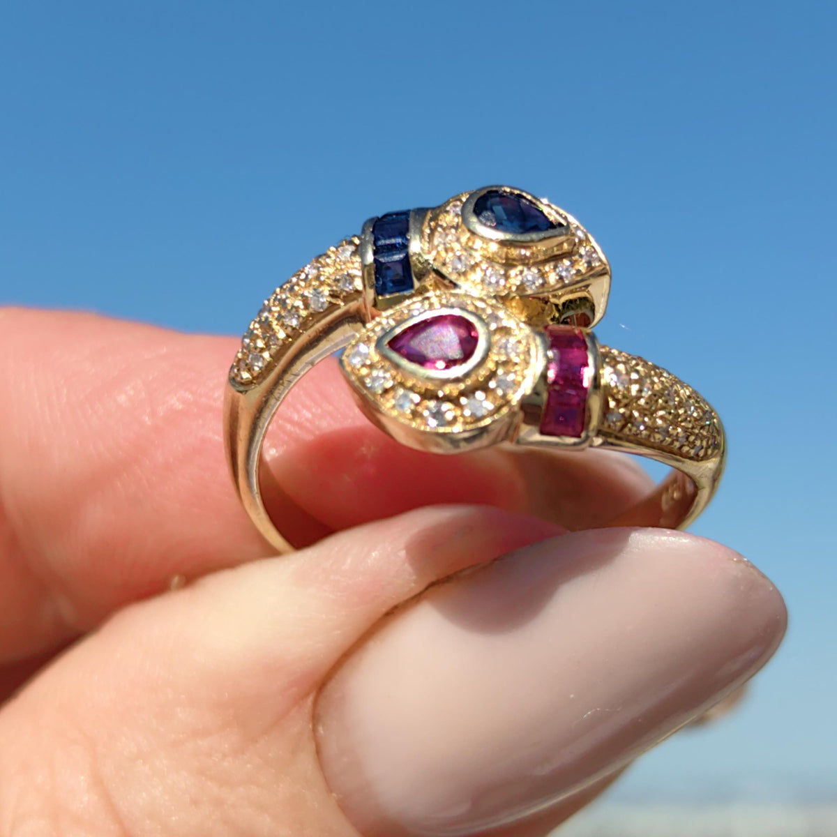 Vintage 18k Gold Snake Ring: Ruby, Sapphire & Diamond Accent