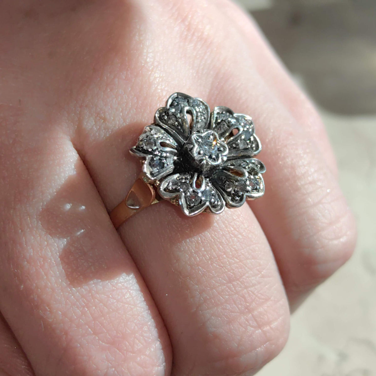 Art Deco Diamond Floral Ring: 14k Gold & Silver, 1930s Statement Ring