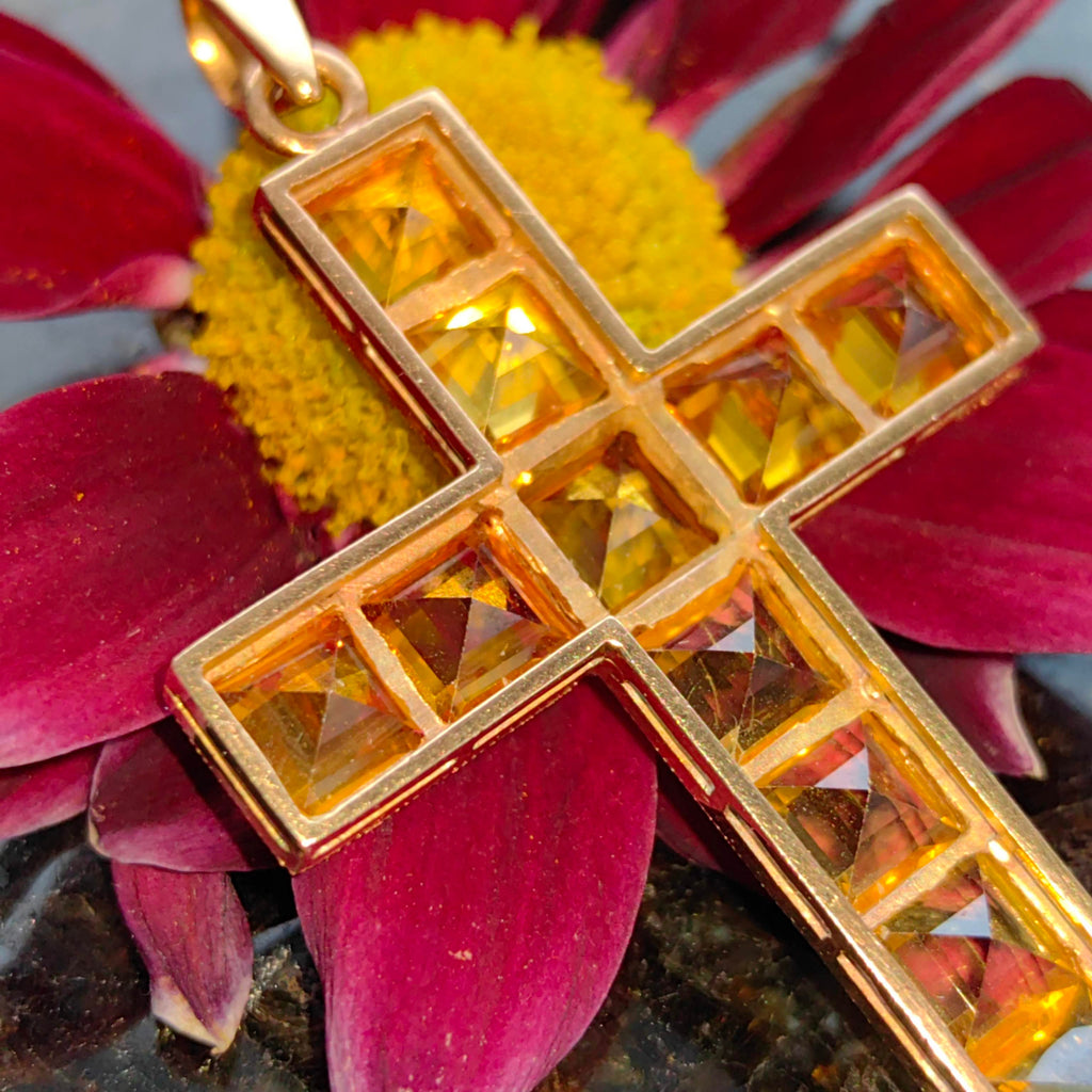 Art Deco Vintage Citrine Solid Yellow Gold Christian Catholic Cross Statement Pendant