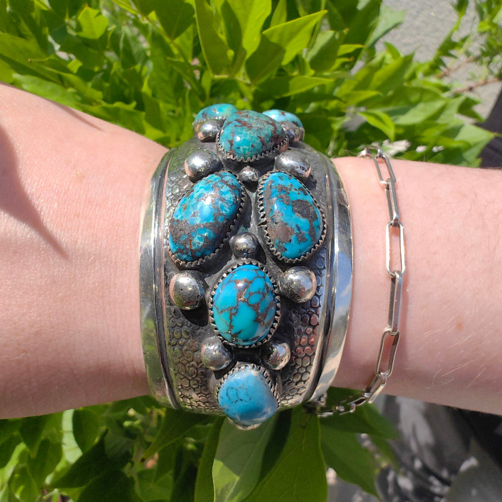 Vintage 1970s Navajo  Natural Turquoise Hallmarked Sterling Silver Massive 72 gr Bangle Bracelet