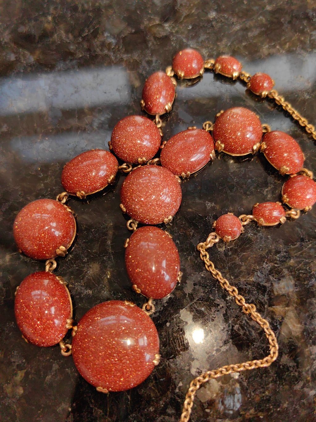 Victorian Goldstone Necklace: 19K Solid Yellow Gold, Antique 1870s
