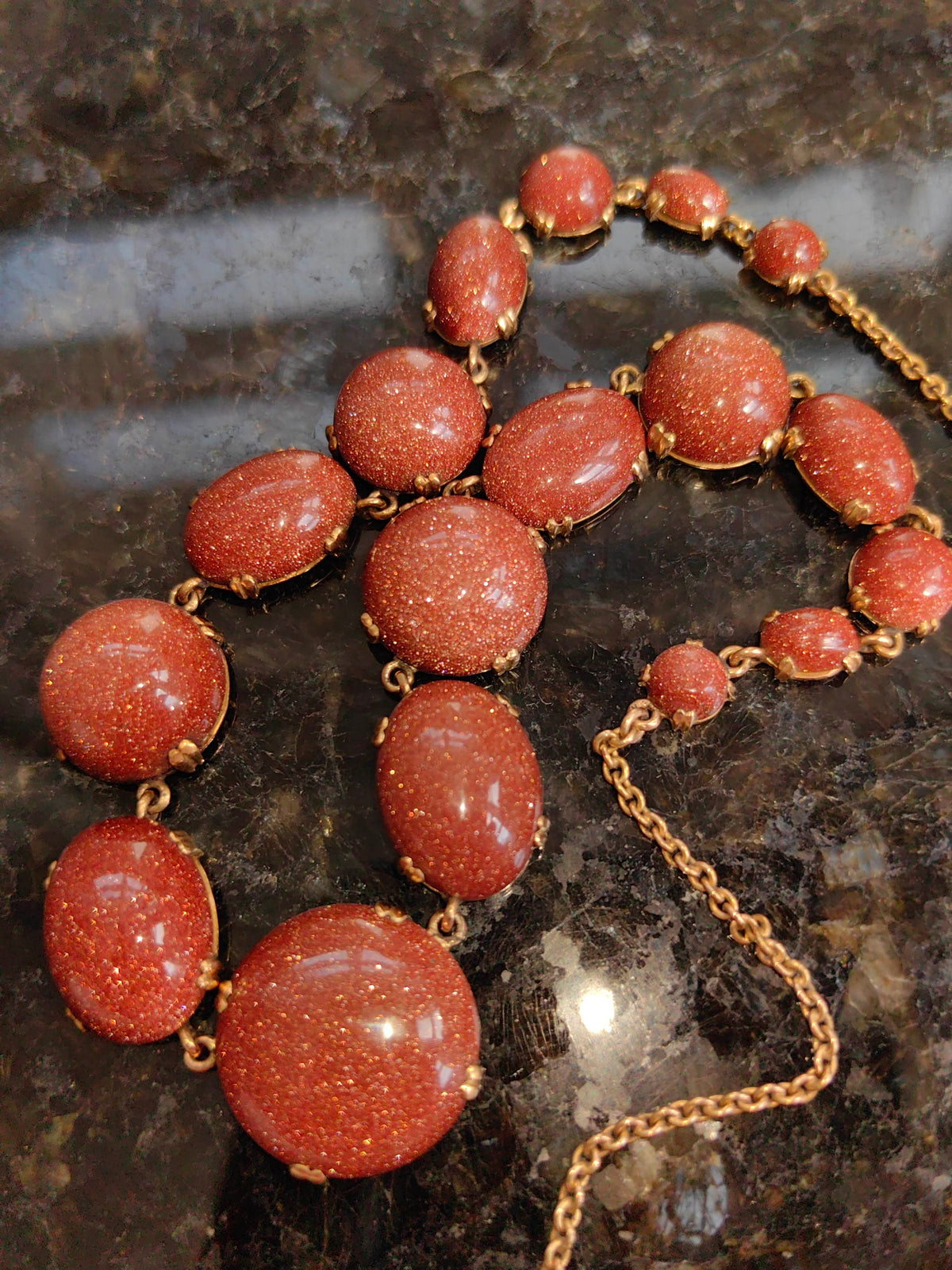 Victorian Goldstone Necklace: 19K Solid Yellow Gold, Antique 1870s