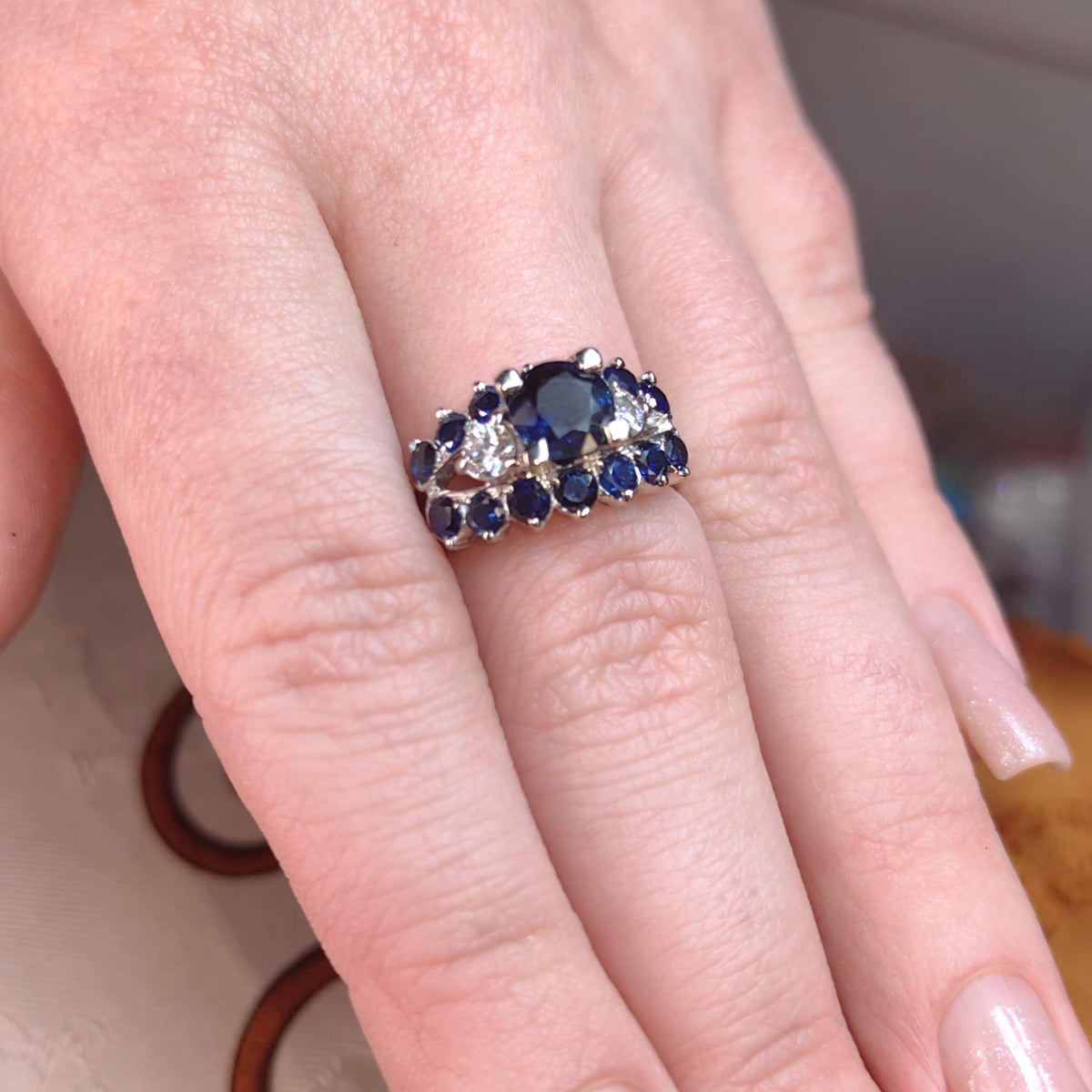 Vintage Mid-Century 18k White Gold Sapphire Diamond Ring
