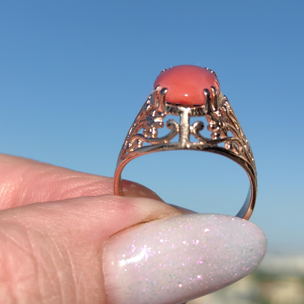 Mediterranean Red Coral Ring: 14k Champagne Gold, Mid-Century Cabochon