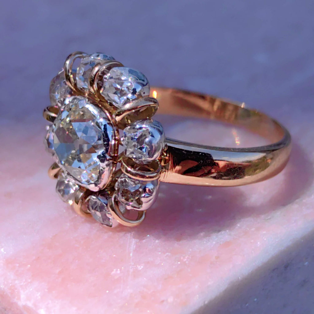 Georgian 18k Yellow Gold Diamond Floral Engagement Ring: Antique Statement Ring