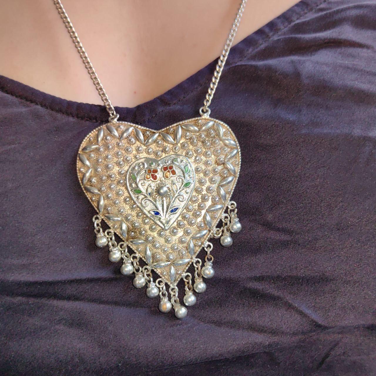 Art Deco Silver Heart Pendant Necklace: Filigree Enamel, Long Chain