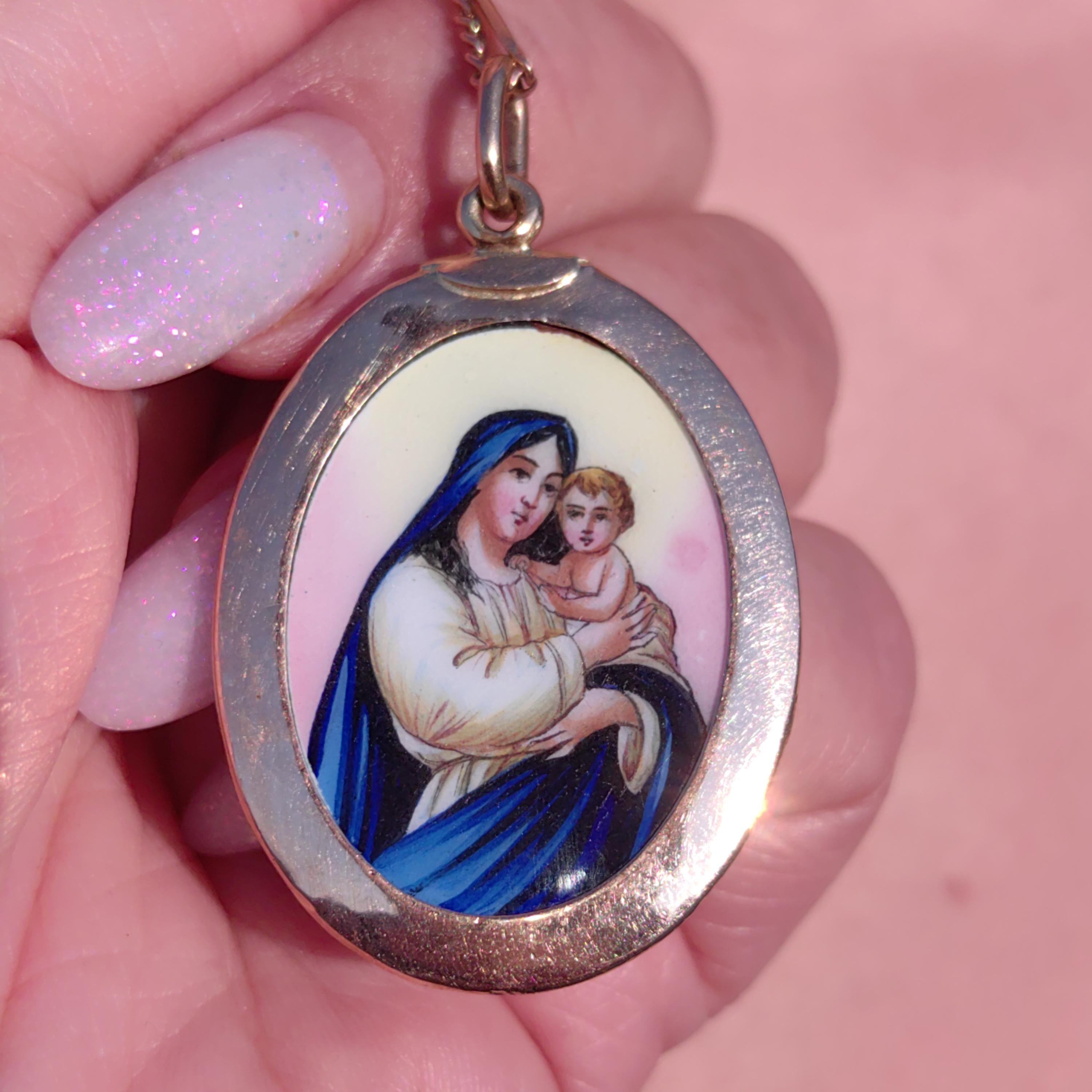 Antique 14k Gold Virgin Mary Pendant: Hand-Painted Enamel Art Nouveau