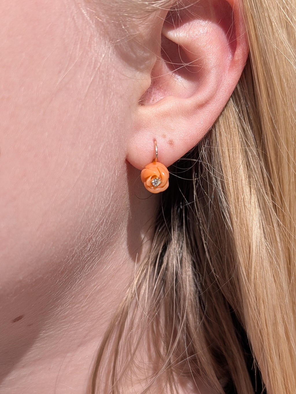 1950s Mid Century Hand Carved Coral Diamond 14k Gold Rose Earrings, Handmade Delicate Floral Lever Back Sleepers Earrings, Gift for Her