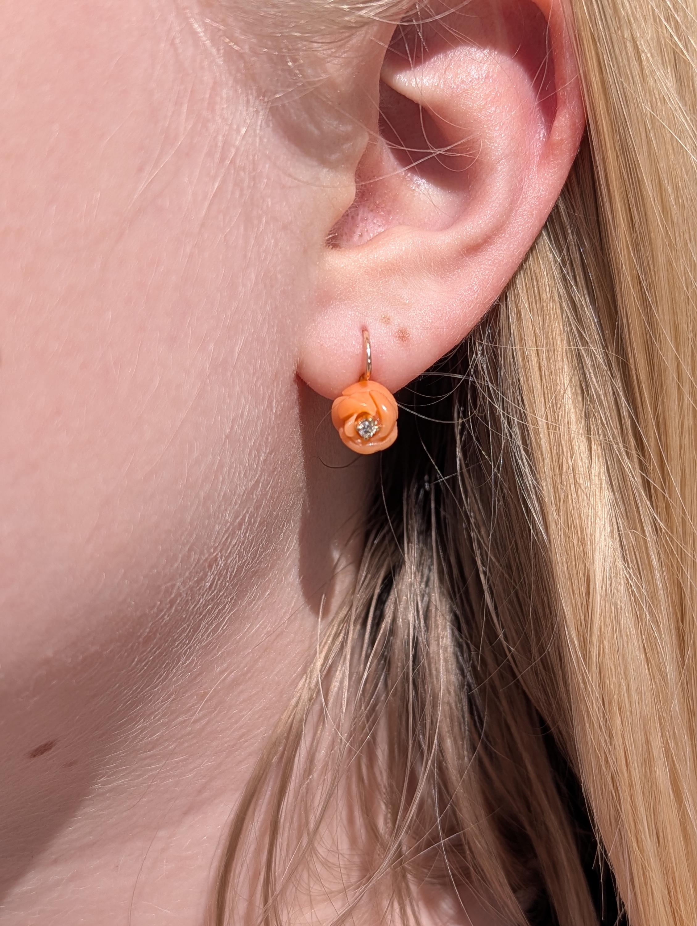 1950s Mid Century Hand Carved Coral Diamond 14k Gold Rose Earrings, Handmade Delicate Floral Lever Back Sleepers Earrings, Gift for Her