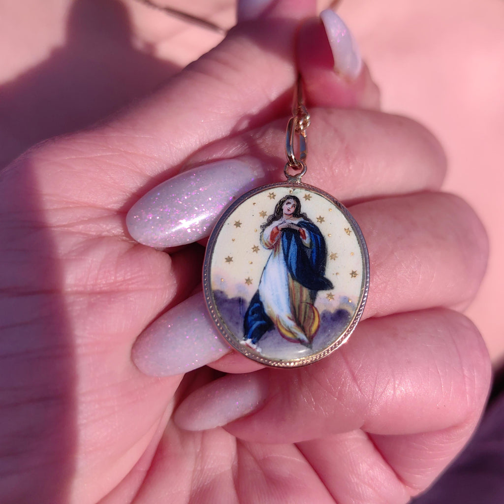 14k Solid Gold Virgin Mary Madonna Star Pendant Antique 1900s Art Nouveau Hallmarked Vintage Hand painted Enamel Medal Charm Gift