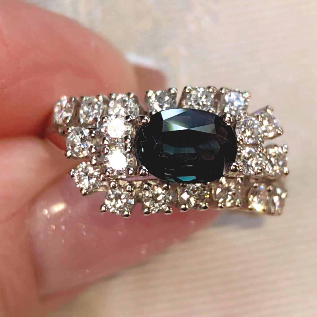 Vintage Mid-Century Sapphire Diamond Ring: 14k White Gold Engagement Ring